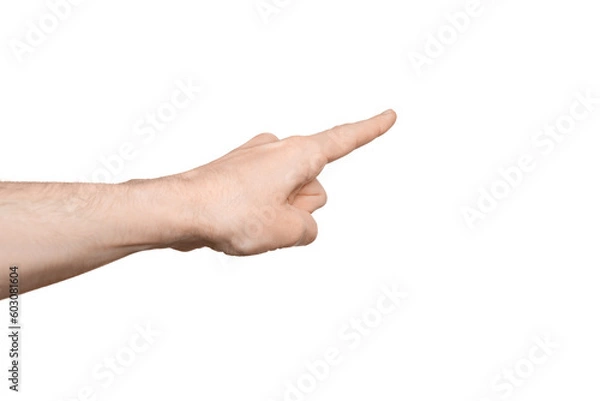 Fototapeta A man's hand points the direction with his finger. Points diagonally to the side.  Index finger pressing something. Isolate on a white background.