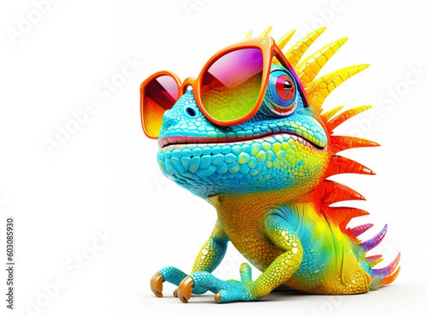Fototapeta Cartoon colorful iguana with sunglasses on isolated background. Created with generative ai