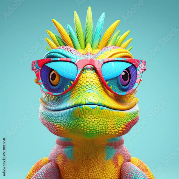 Obraz Cartoon colorful iguana with sunglasses on isolated background. Created with generative ai
