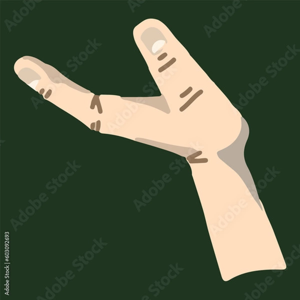 Fototapeta Vector close up hand holding something like a bottle or can isolated on dark background. Hand drawn flat illustration. fingers, nails, wrinkles, shadows. Mockup for commercials.