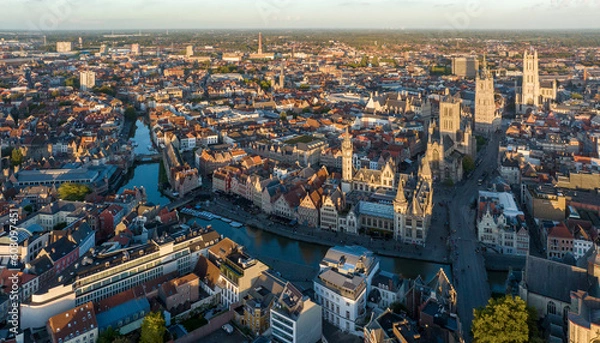 Fototapeta Ghent Belgium Aerial Flying over downtown area with church cityscape views at sunset time - October 2022