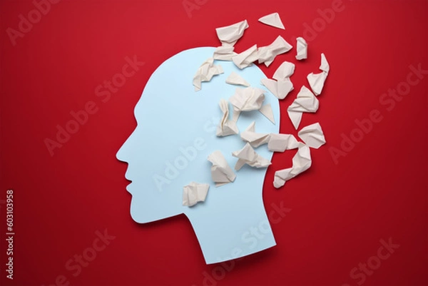 Fototapeta Brain disorder symbol presented by human head made form crumpled paper torn on red background.