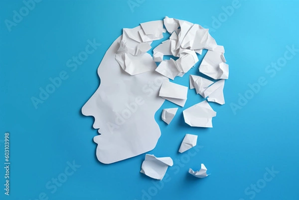 Fototapeta Brain disorder symbol presented by human head made form crumpled paper torn on blue background.