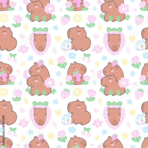 Fototapeta Childish seamless pattern with capybaras, strawberries, flowers. Cute background for textile design, cover, wrapping paper.