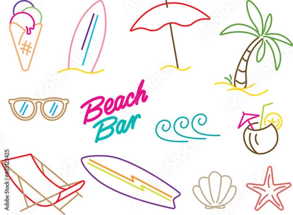 Fototapeta A colorful set of line art flat icons for summer vacation beach projects 