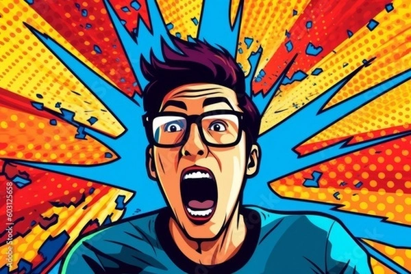 Fototapeta Energetic Asian Male Shouts on Colorful Pop Art Background, Generative AI