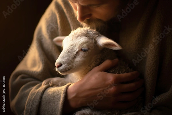 Fototapeta The hands of Jesus Christ gently holding a lamb. Conceptual image depicting a sense of protection and care. AI generated image