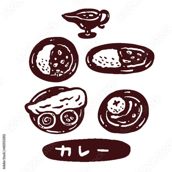 Obraz カレーの単色手描きマーク風イラストセット