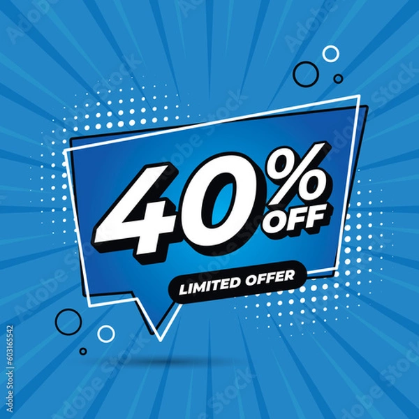 Fototapeta 40 percent discount. 40%OFF
Blue banner with floating balloon for promotions and offers.