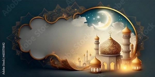 Fototapeta Elegant Islamic background with shining lantern and Crescent moon, create with generative AI.