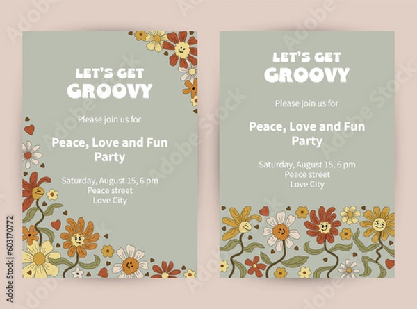 Obraz Templates with funny dancing daisy flowers for groovy party, birthday invitation, flyer, retro poster. Space for text. Vector illustration.