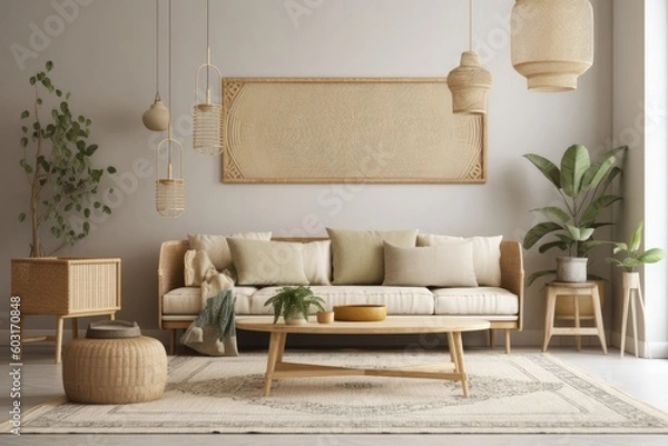 Fototapeta Scandinavian boho style living room with sofa, table, and accessories. mockup of a beige wall with greenery in the backdrop. illustration. Generative AI