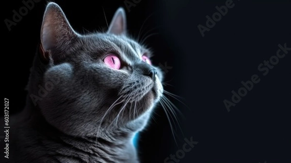 Obraz A gray cat with blue eyes looking. generative ai