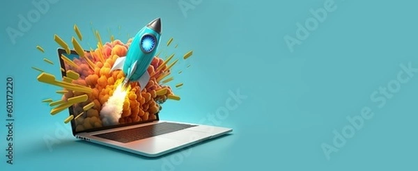 Fototapeta Laptop and rocket flying from the screen, blue background with space for text, startup concept, Generative AI