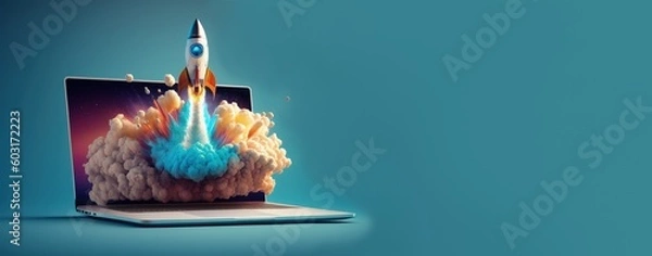 Fototapeta Rocket coming out of laptop screen on blue background with text space, Generative AI
