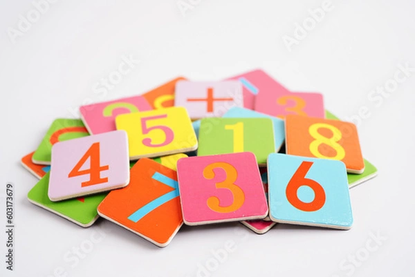 Fototapeta Number wood block cubes for learning Mathematic, education math concept.
