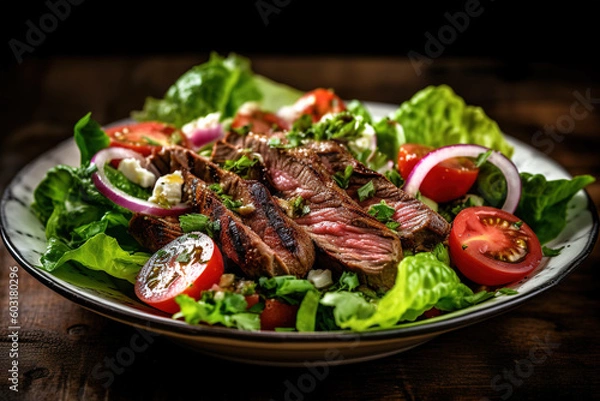 Fototapeta a plate of steak salad with lettuce and tomatoes, AI generated