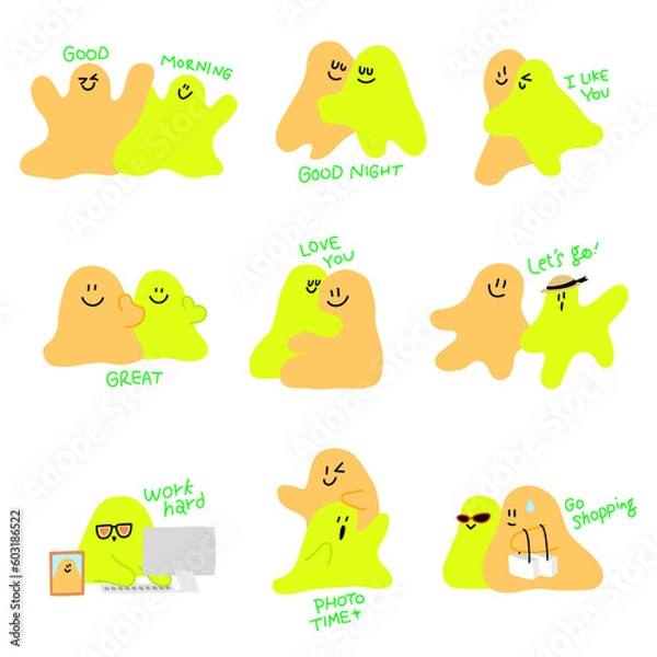 Fototapeta Collection of Slime Couple's Emotions and Daily Stickers
