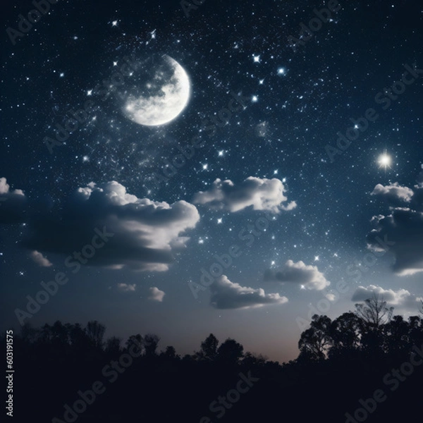 Fototapeta A night sky with stars and clouds and a full moon Generative Ai