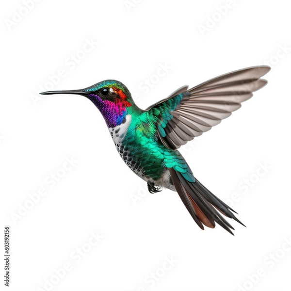 Fototapeta A colorful hummingbird on a transparent background png isolated flying through the air Generative Ai