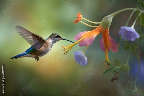 Fototapeta Portrait hummingbird flying beside flower AI Generative