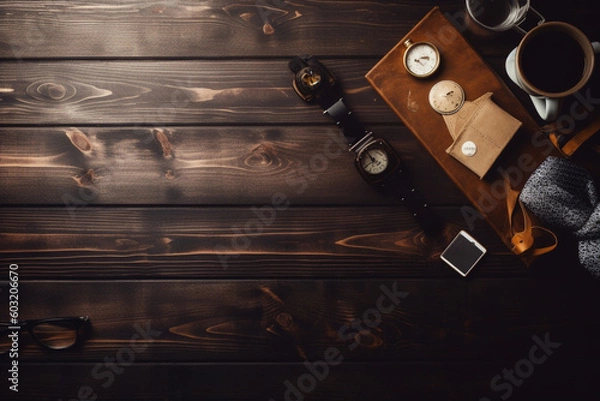 Fototapeta A wooden table with a bottle of wine and a watch on it.