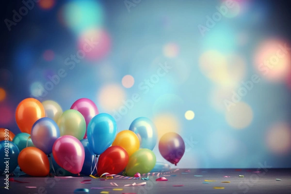 Fototapeta A bunch of colorful balloons on a table with a blue background