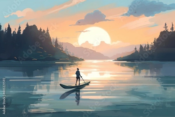 Fototapeta  a man riding a boat on top of a lake under a cloudy sky with a sun in the distance and trees in the foreground.  generative ai