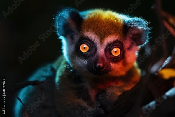 Fototapeta  a close up of a small animal on a tree branch with bright orange eyes and a black background with a tree branch with a branch in the foreground.  generative ai
