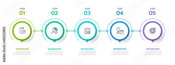 Fototapeta Infographic template for business. 5 Steps Modern Timeline diagram roadmap with circle topic chart, presentation vector infographic.