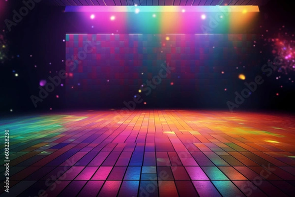 Fototapeta A colorful disco dance floor with a disco floor and lights.