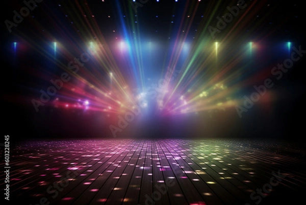Fototapeta A photo of a disco stage with a colorful light and a dark background
