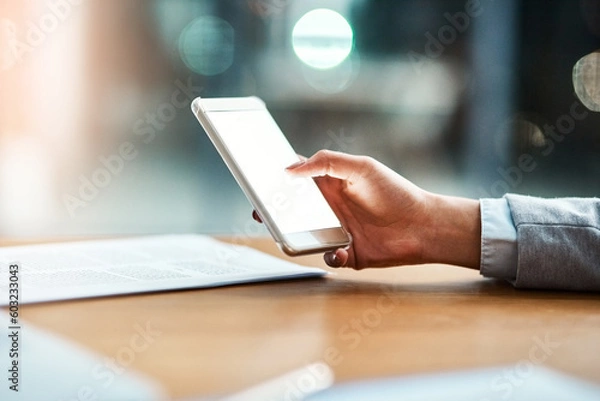 Obraz Phone screen, space and man hands for business communication, mobile app and website or search mockup at night. Cellphone, mobile app and corporate person with connection, networking and chat mock up