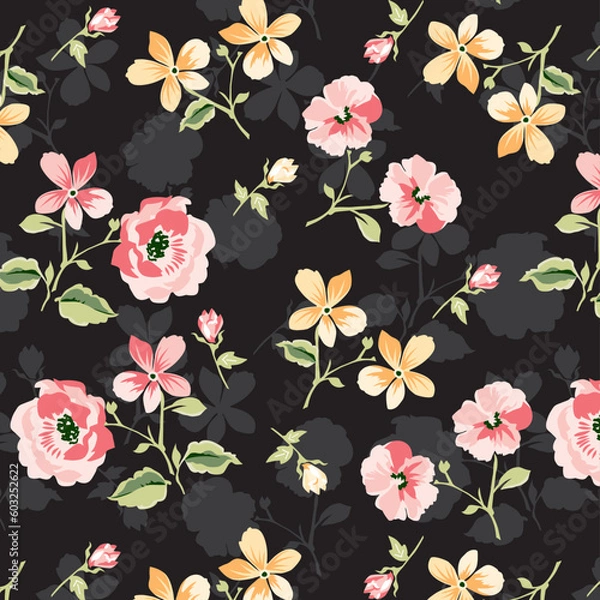 Fototapeta Colorful daisies and bud roses pattern design with their  silhouetted shapes design