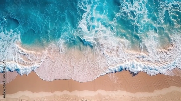 Fototapeta Ocean waves on the beach as a background. Beautiful natural summer vacation holidays background. Aerial top down view of beach and sea with blue water waves