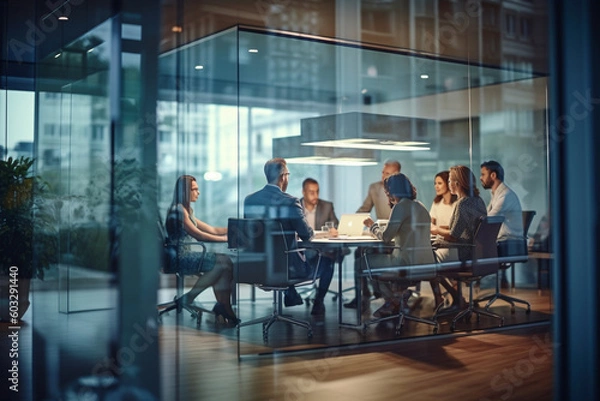 Fototapeta The essence of a productive business meeting in an office environment.Group of professionals coming together to exchange ideas, make decisions, and strategize for success. Ai generated