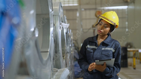 Obraz Engineer woman examining and measuring steel at lathe factory, worker or technician check and maintenance metal with professional, industry and machinery concept.