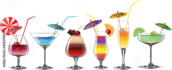 Fototapeta A set of multi-colored refreshing cocktails in transparent glasses of various shapes. Highly detailed illustration.