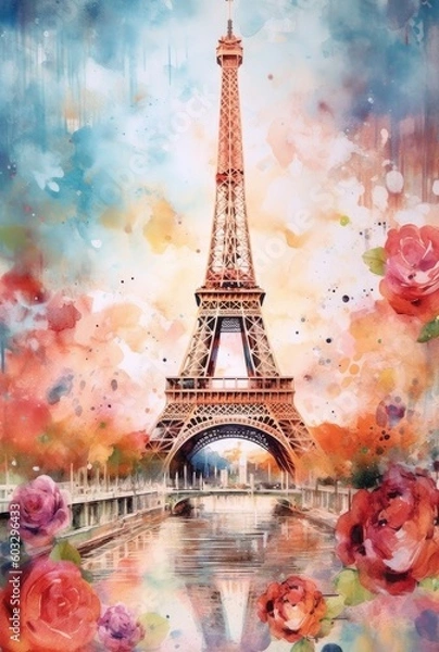 Fototapeta Watercolor Eiffel Tower with roses and paint splatter vertical orientation. Generative ai
