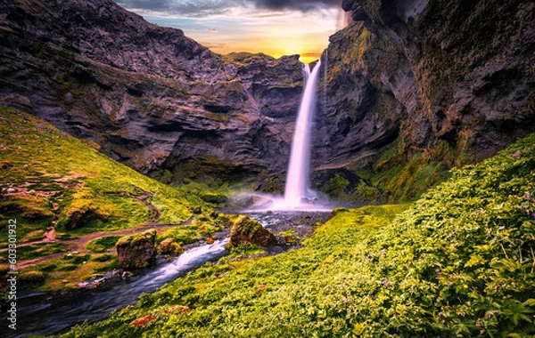 Fototapeta Amazing Iceland nature landscape. Popular touristic location Kvernufoss waterfall. Best famouse travel area. Scenic Image of Iceland. Iceland is one most popular country for landscape photographers