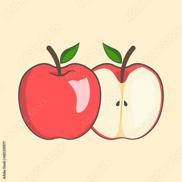 Fototapeta Adorable vector art of cute, cartoon apple in flat style. Features whole and split apples with leaf