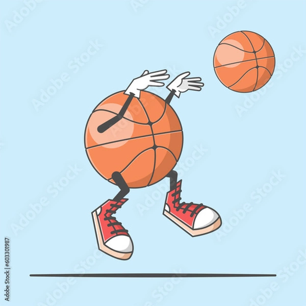 Fototapeta Cute cartoon basketball character in flat style, showcasing a jump and lay-up motion with adorable red shoes. Vector art for sports-themed designs