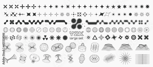Obraz Y2K trendy shapes and 3d vector geometric figures, millennial symbols, signs and icons, large collection of shapes.