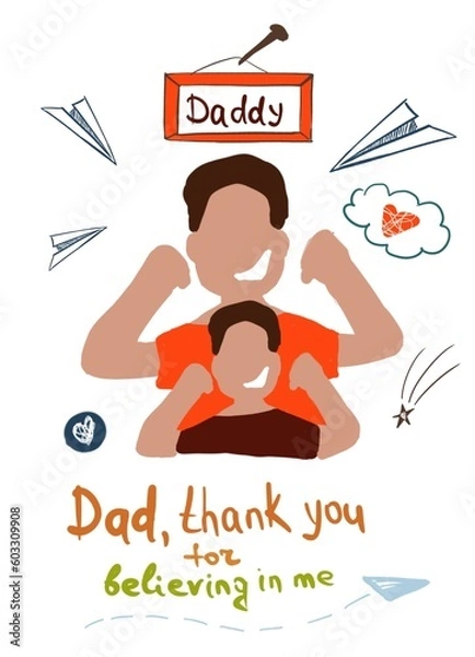 Obraz Dad with a child, dad with children. happy faces . Father's Day. Lettering , inscriptions for Father 's Day . Happy Father's Day. Checkboxes. A paper airplane . I love Dad