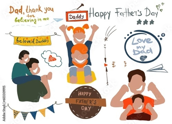 Obraz Dad with a child, dad with children. happy faces . Father's Day. Lettering , inscriptions for Father 's Day . Happy Father's Day. Checkboxes. A paper airplane . I love Dad