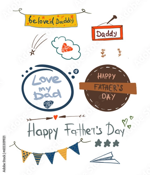 Obraz Lettering , inscriptions for Father 's Day . Happy Father's Day. Checkboxes. A paper airplane . I love Dad