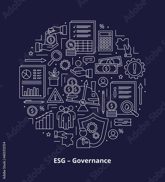 Fototapeta ESG Governance concepts, icons set. Icons placed in a circle. Illustration isolated on a dark background