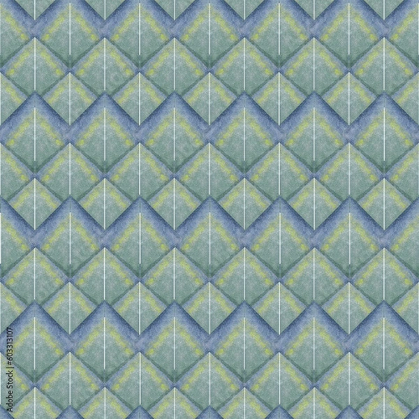 Fototapeta Watercolor seamless hand drawn mosaic pattern with colorful rhombuses in pale green and violet shades