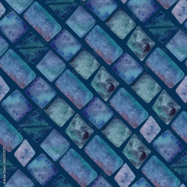Fototapeta Watercolor seamless hand drawn geometric pattern with colorful rhombuses alike brickwork in blue shades