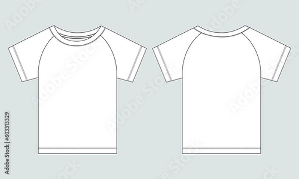 Fototapeta Short sleeve Raglan T shirt technical fashion flat sketch vector Illustration template front, back views isolated Off white Background. Basic apparel Design Mock up.
